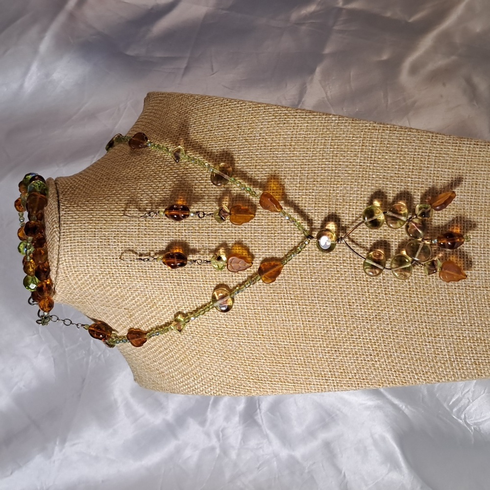 Handcrafted Iridescent and Brown Leaf Necklace Earring Bracelet Coord Set
